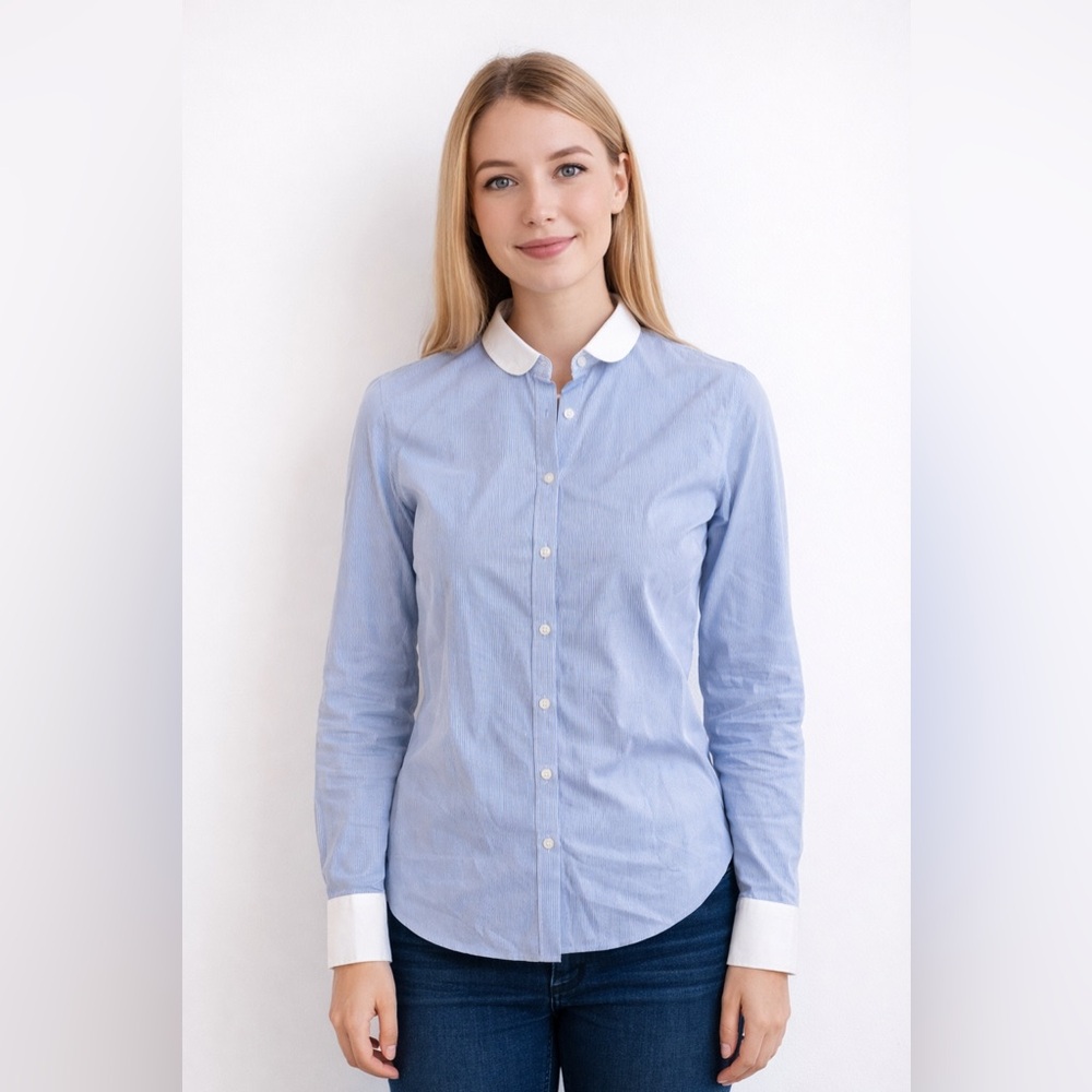 Brooks Vintage Blue Striped Button Down White Collar 100%Cotton Office Chic